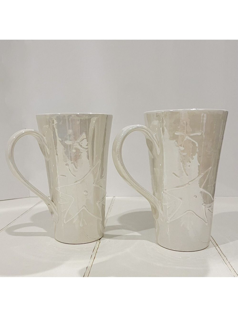 Starbucks Ciao Italya Pearlized Star Mugs Set of 2 White Handmade Coffee Cups